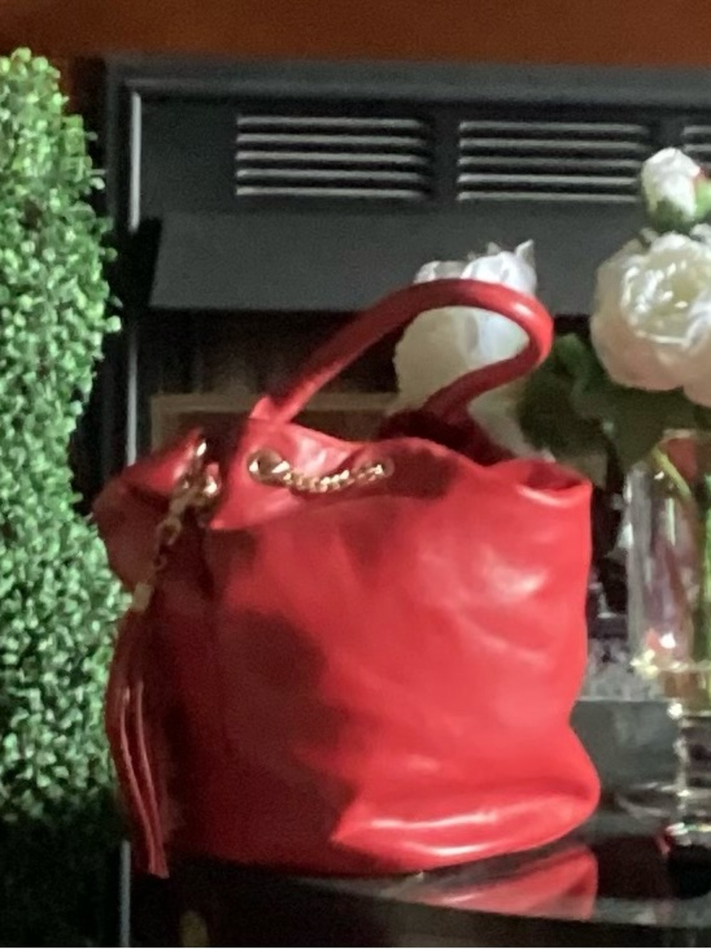Large Red Drawstring Chain Hobo Leather Shoulder Bag with Tassel Detail Large